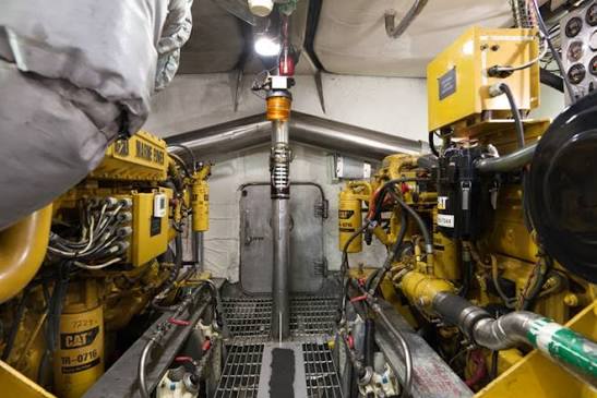 Engine room of a Canadian Coast Guard vessel with twin marine diesel engines