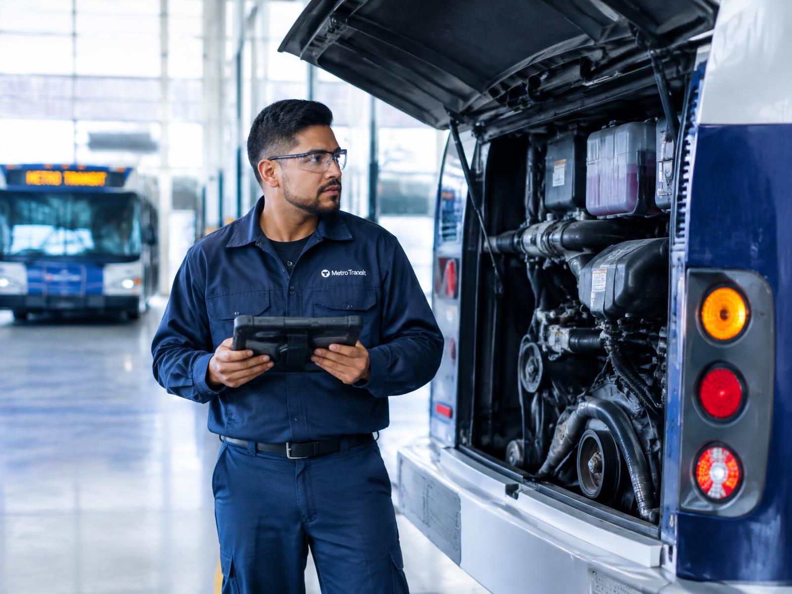 Technician using PinpointIQ on a tablet beside an open bus engine bay